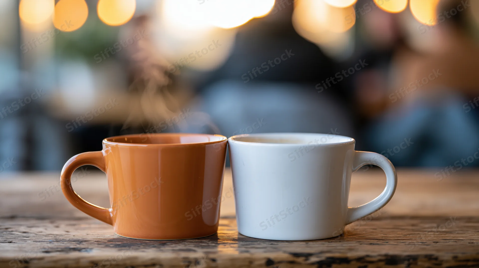 Two ceramic coffee mugs side by side on a worn wooden table in a cafe