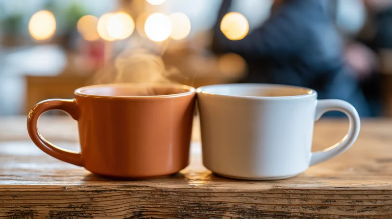 Two ceramic coffee mugs steaming side by side on a worn wooden cafe table