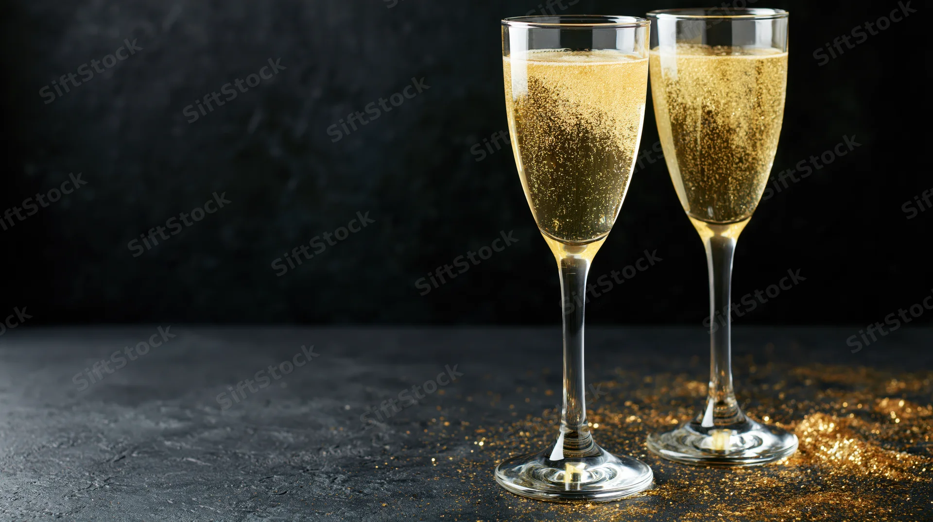 Two champagne flutes filled with golden sparkling wine on a dark textured surface with scattered glitter