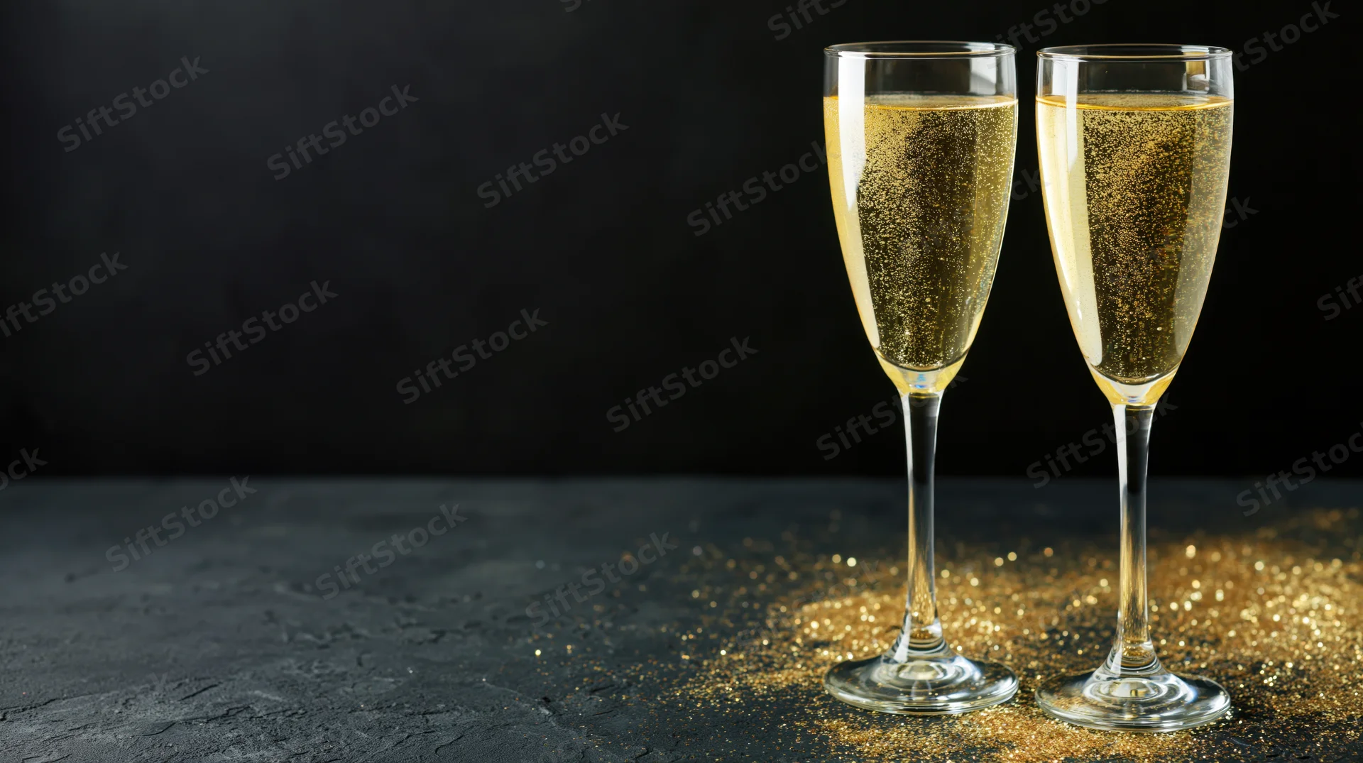 Two champagne flutes filled with golden sparkling wine on a dark surface with glitter around