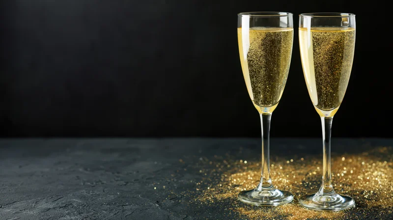 Two champagne flutes filled with golden sparkling wine on a dark surface with glitter around