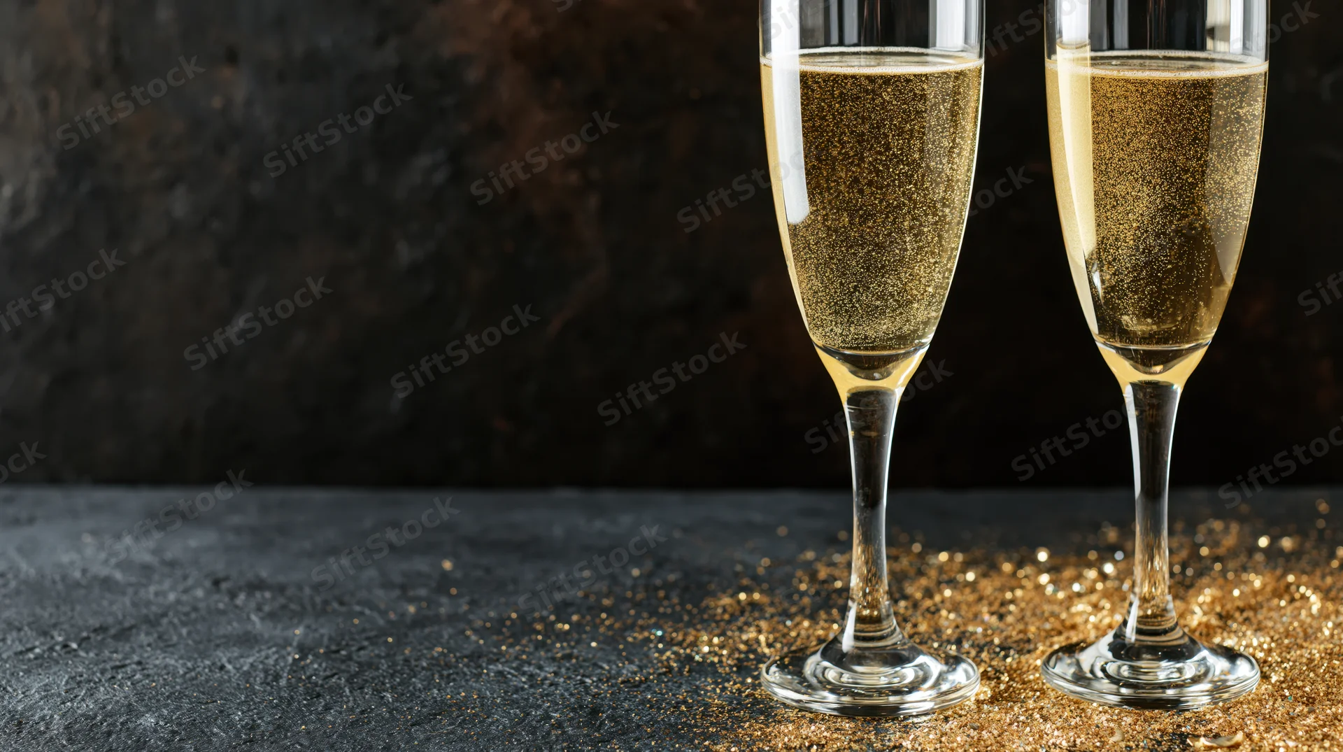 Two champagne flutes filled with golden sparkling wine on a dark textured surface with scattered glitter, copyspace on the left