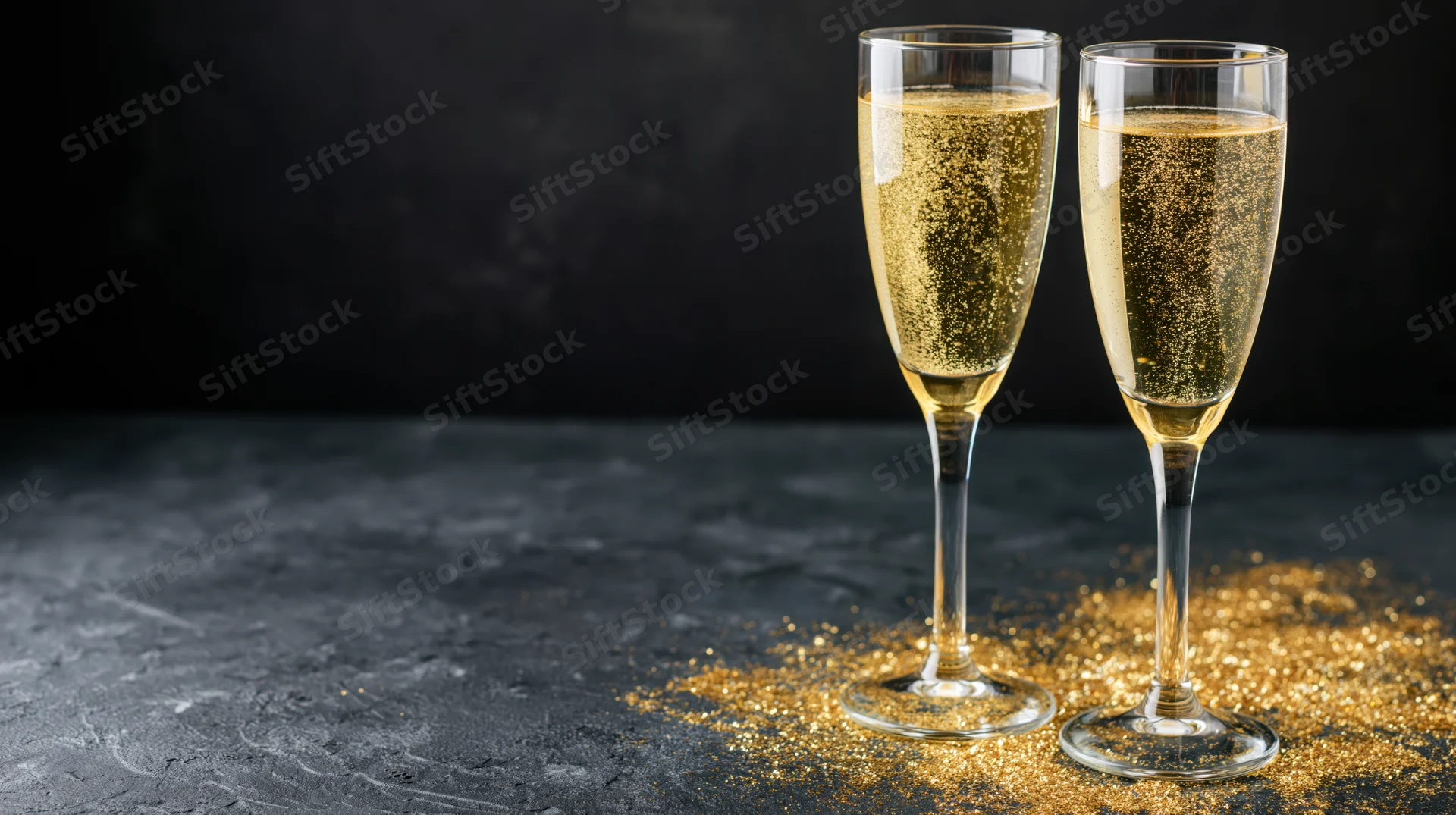 Two champagne flutes filled with sparkling wine on a dark surface with golden glitter around them