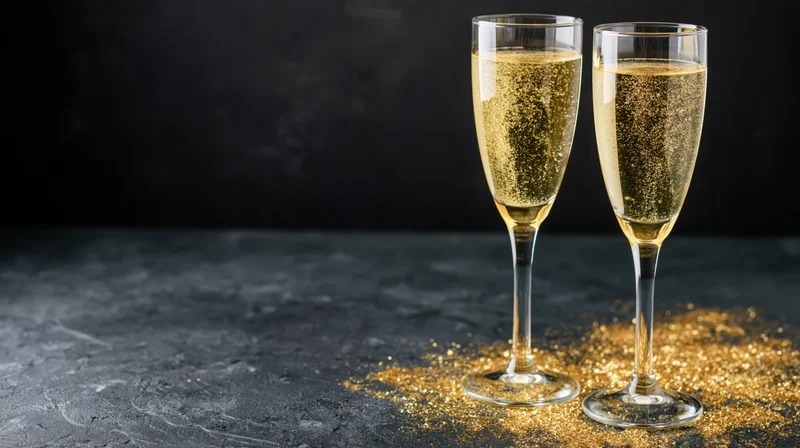 Two champagne flutes filled with sparkling wine on a dark surface with golden glitter around them
