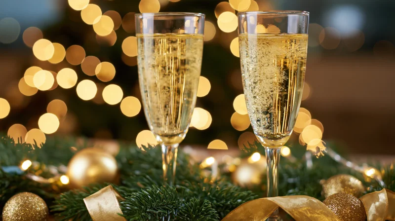 Two champagne flutes filled with sparkling wine resting on festive greenery with golden ornaments and blurred holiday lights behind