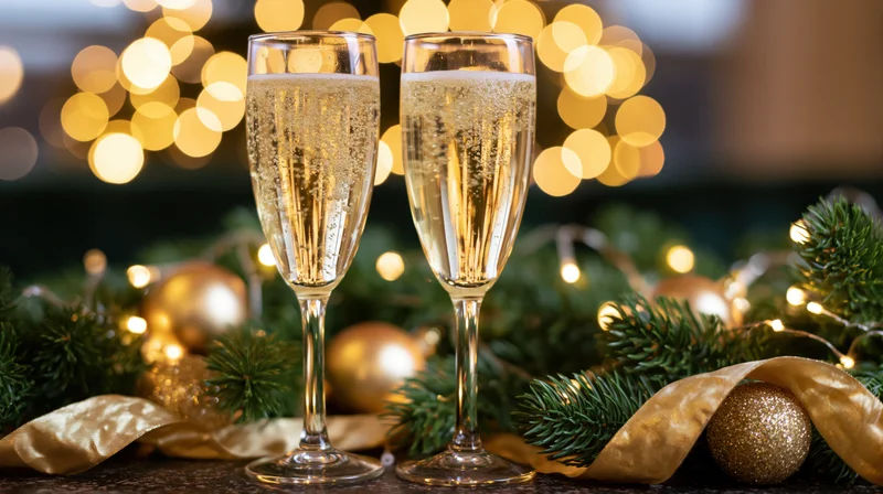 Two champagne flutes filled with sparkling wine on a decorated table with pine branches, gold ornaments and string lights in the background