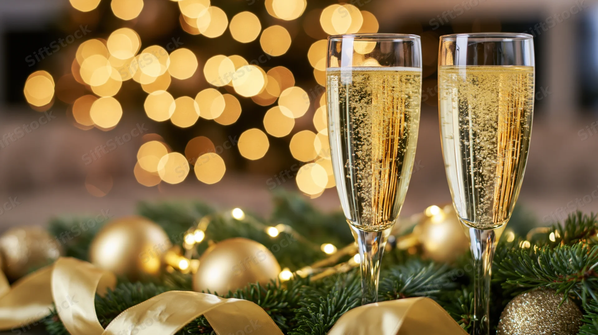 Two champagne flutes filled with sparkling wine among pine garland and golden ornaments with blurred holiday lights in the background