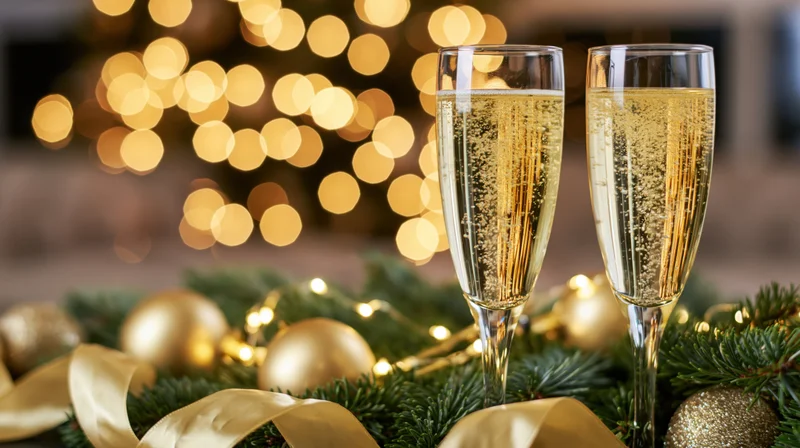 Two champagne flutes filled with sparkling wine among pine garland and golden ornaments with blurred holiday lights in the background