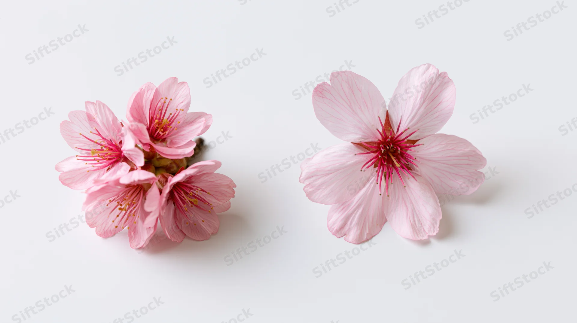 Cherry blossom flowers arranged on a white surface with space for text