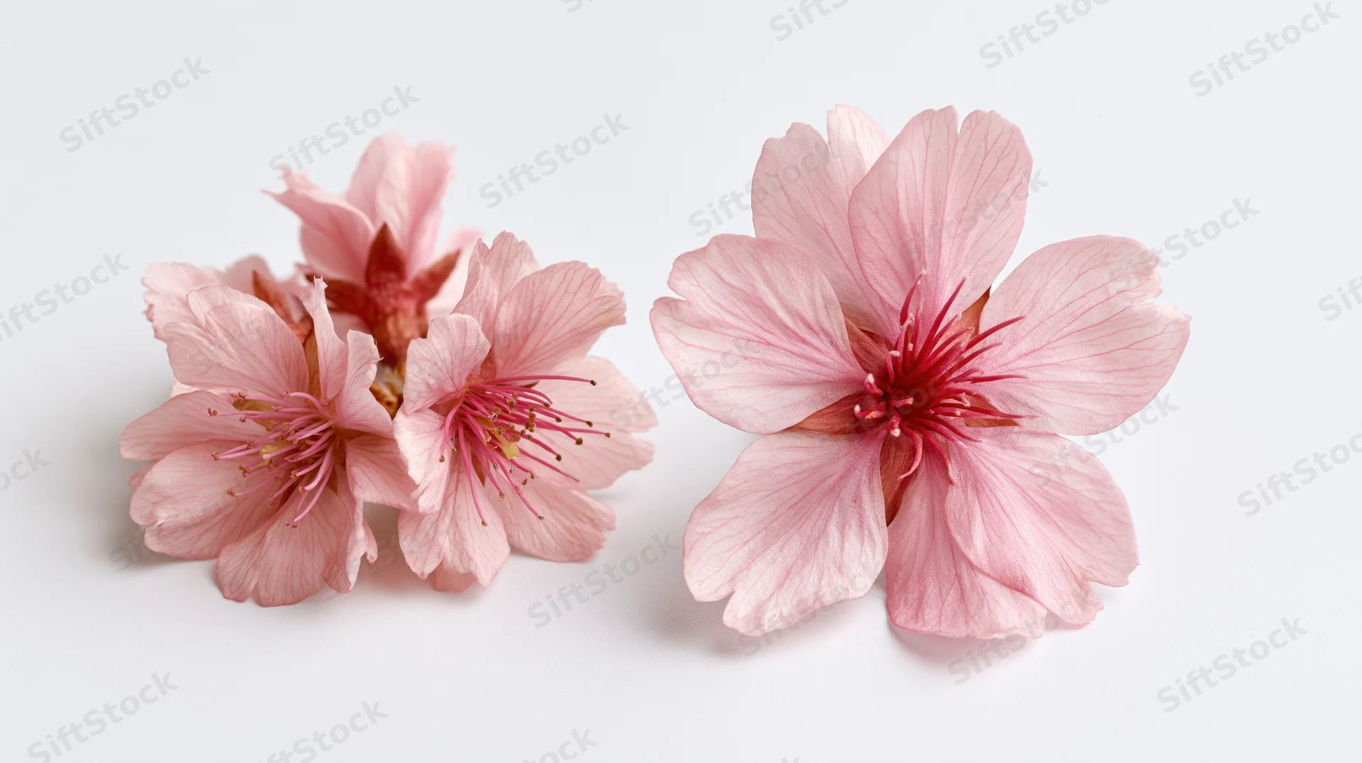Cherry blossom flowers arranged on a white surface with soft lighting and copy space