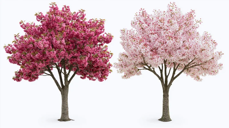 Two cherry blossom trees in full bloom side by side on white background