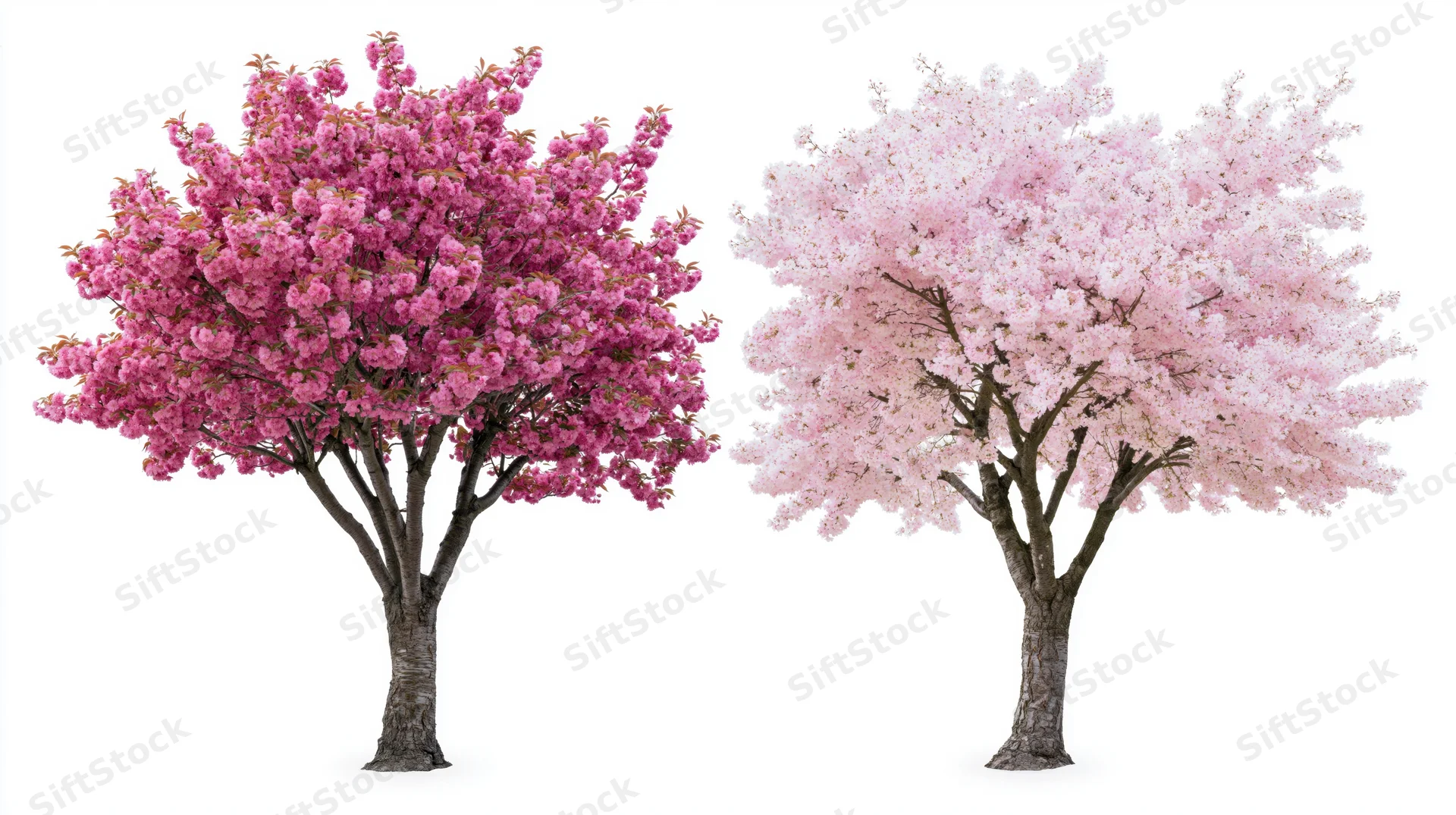 Two cherry blossom trees in full bloom side by side on white background