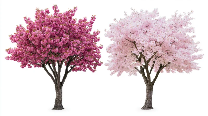 Two cherry blossom trees in full bloom side by side on white background