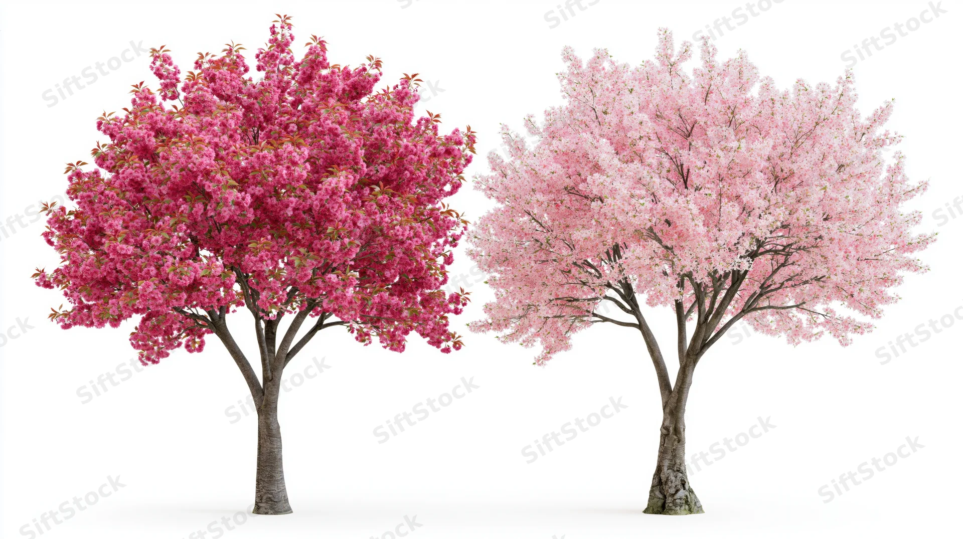 Two cherry blossom trees in full bloom side by side on white background