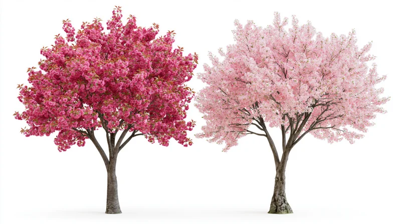 Cherry blossom trees side by side in bloom on white background