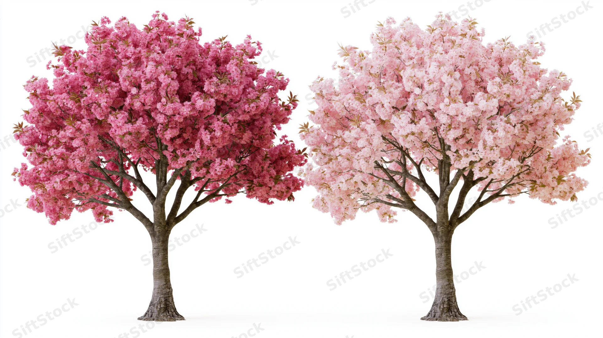 Two cherry blossom trees in full bloom side by side on white background
