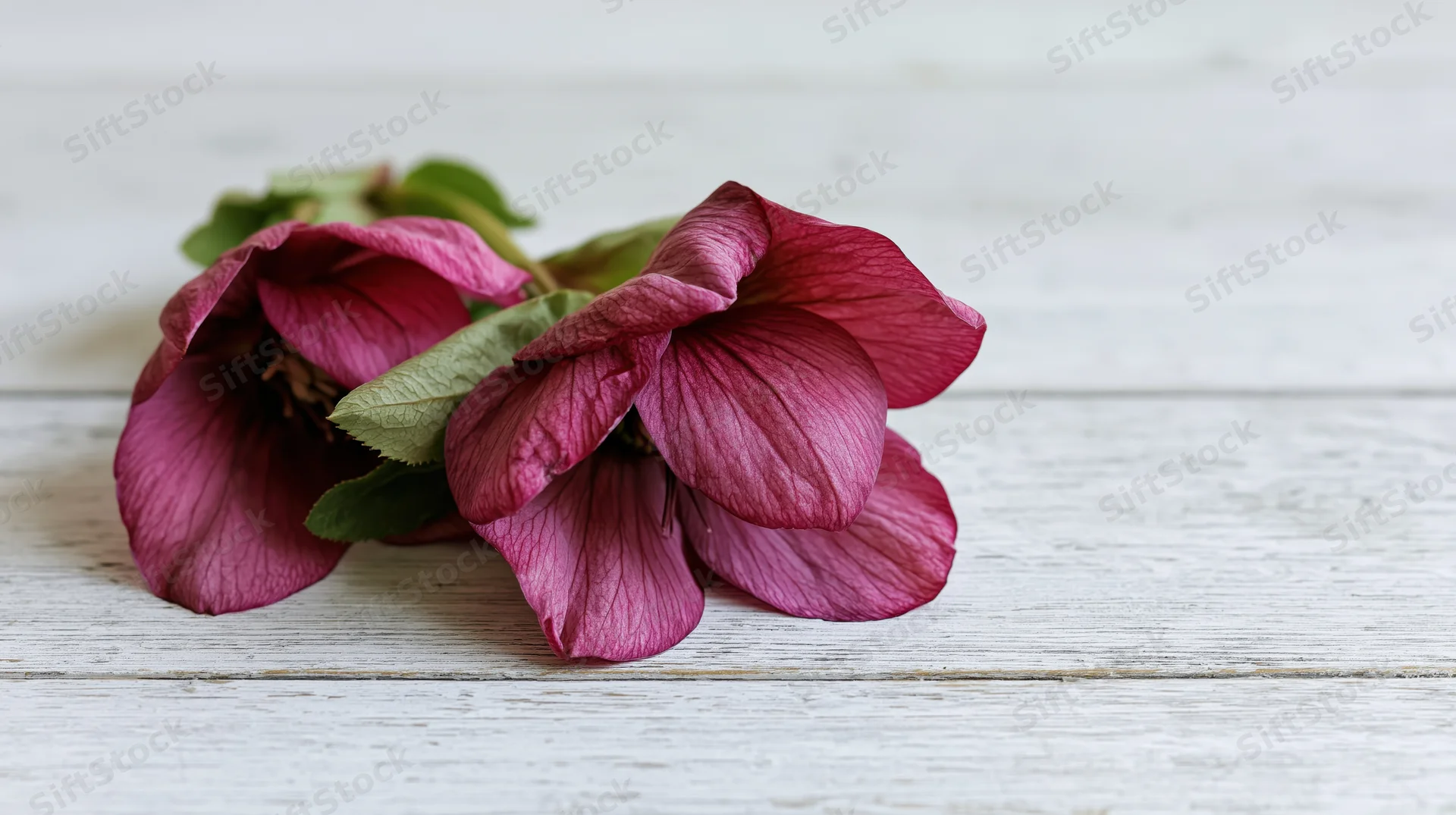 Two deep burgundy-pink hellebore flowers with green leaves lying on a white wooden surface