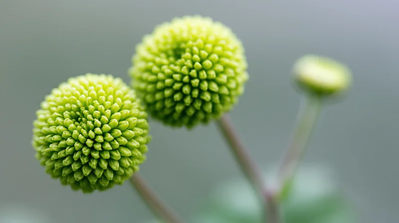Two green button chrysanthemum blooms with tightly packed spherical florets on stems against a soft blurred background