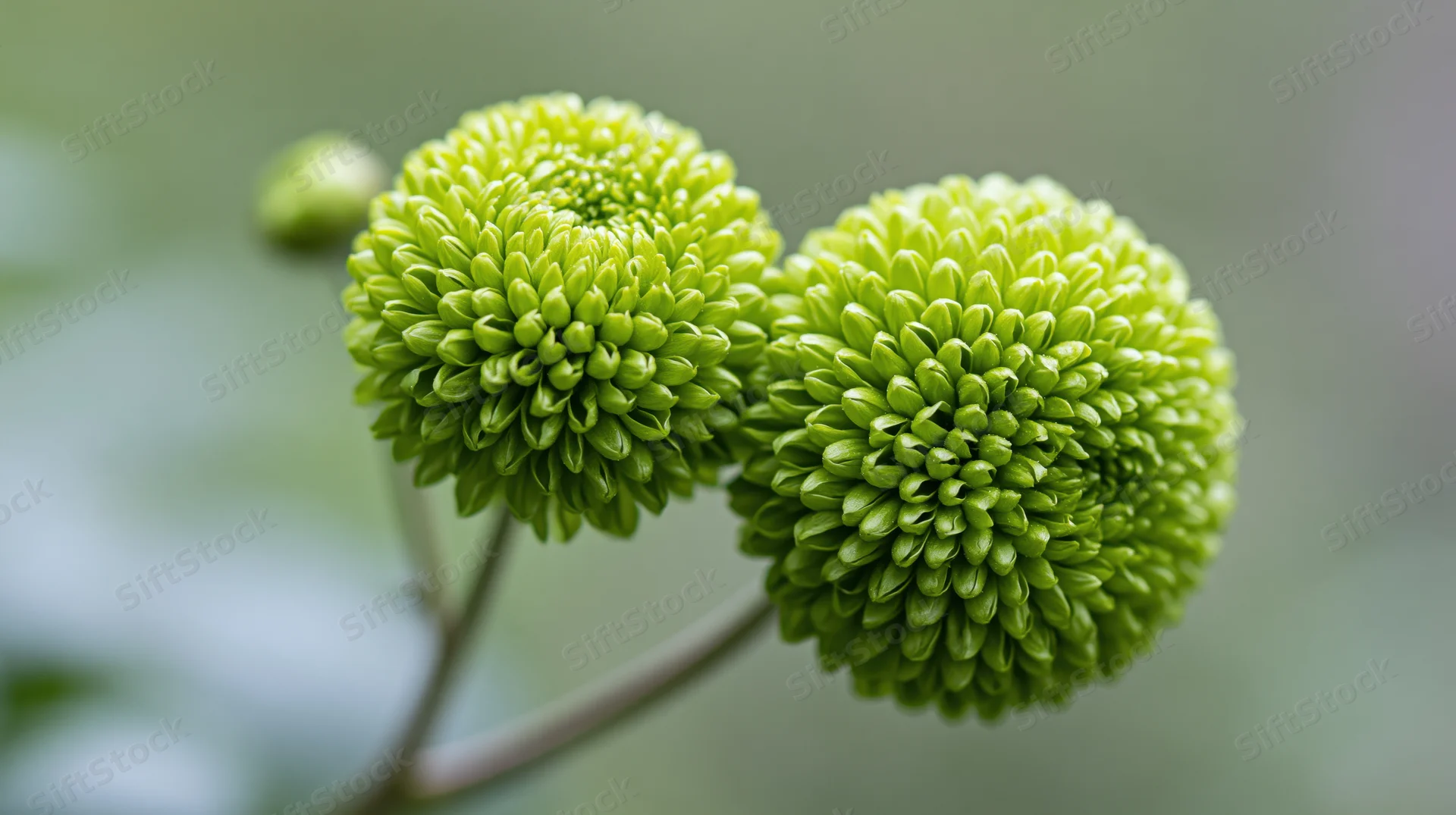 Two green button chrysanthemum blooms in closeup view with blurred natural background