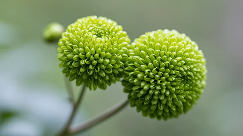 Two green button chrysanthemum blooms in closeup view with blurred natural background