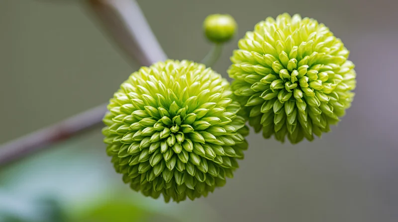 Two green button chrysanthemum blooms with tightly packed petals on a stem in a garden setting