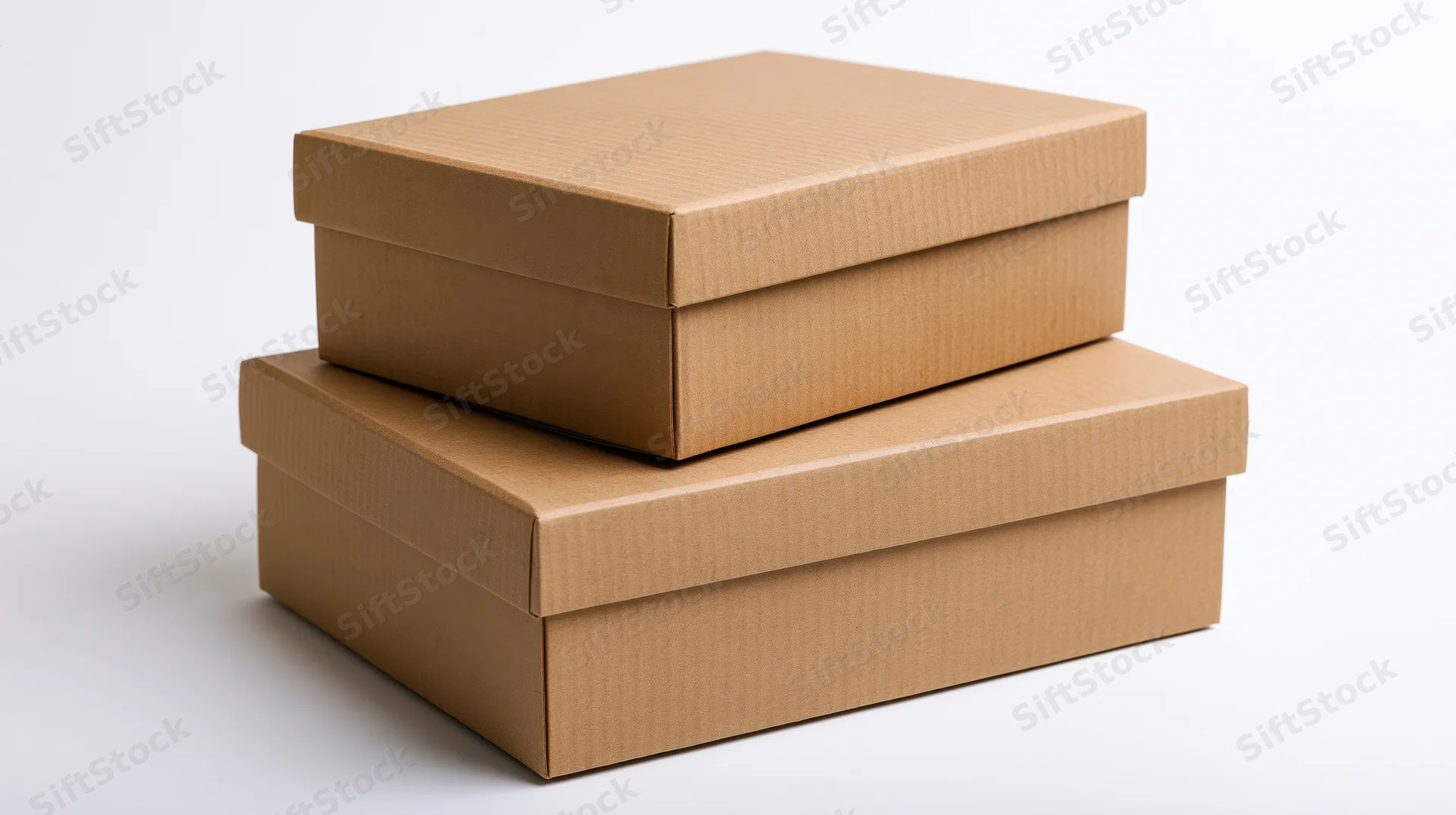 Two plain brown corrugated cardboard shipping boxes stacked on a white surface