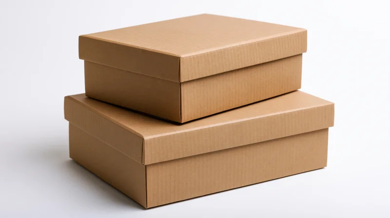 Two plain brown corrugated cardboard shipping boxes stacked on a white surface