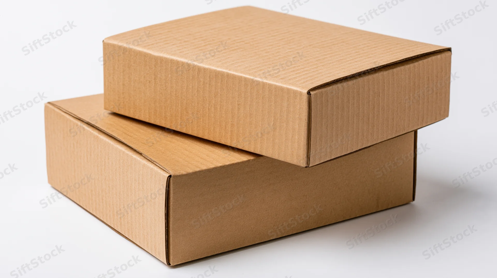 Two plain brown corrugated cardboard shipping boxes stacked on a white surface