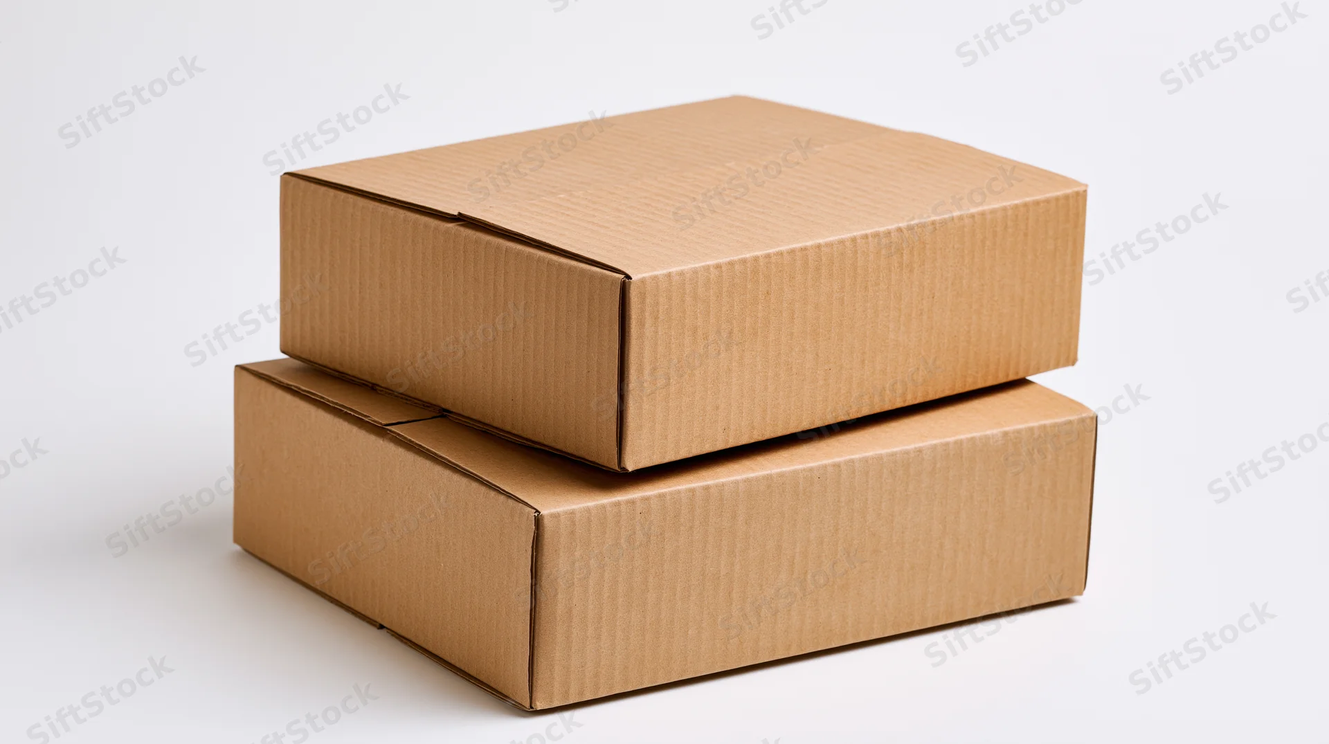 Two plain brown corrugated cardboard shipping boxes stacked on a white background