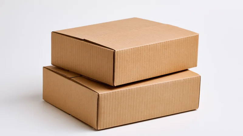 Two plain brown corrugated cardboard shipping boxes stacked on a white background