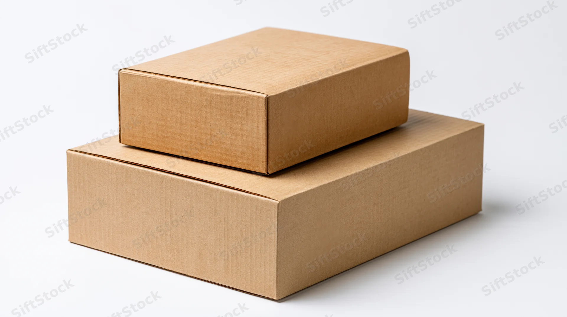 Two plain sealed corrugated cardboard boxes stacked on top of each other on a white background