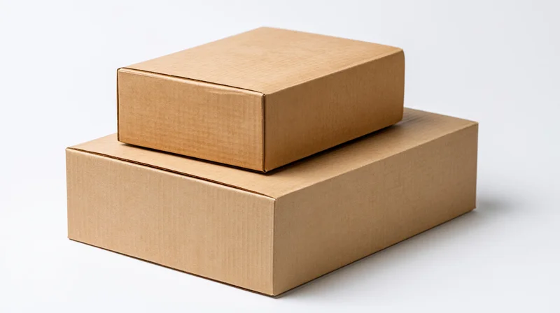 Two plain sealed corrugated cardboard boxes stacked on top of each other on a white background