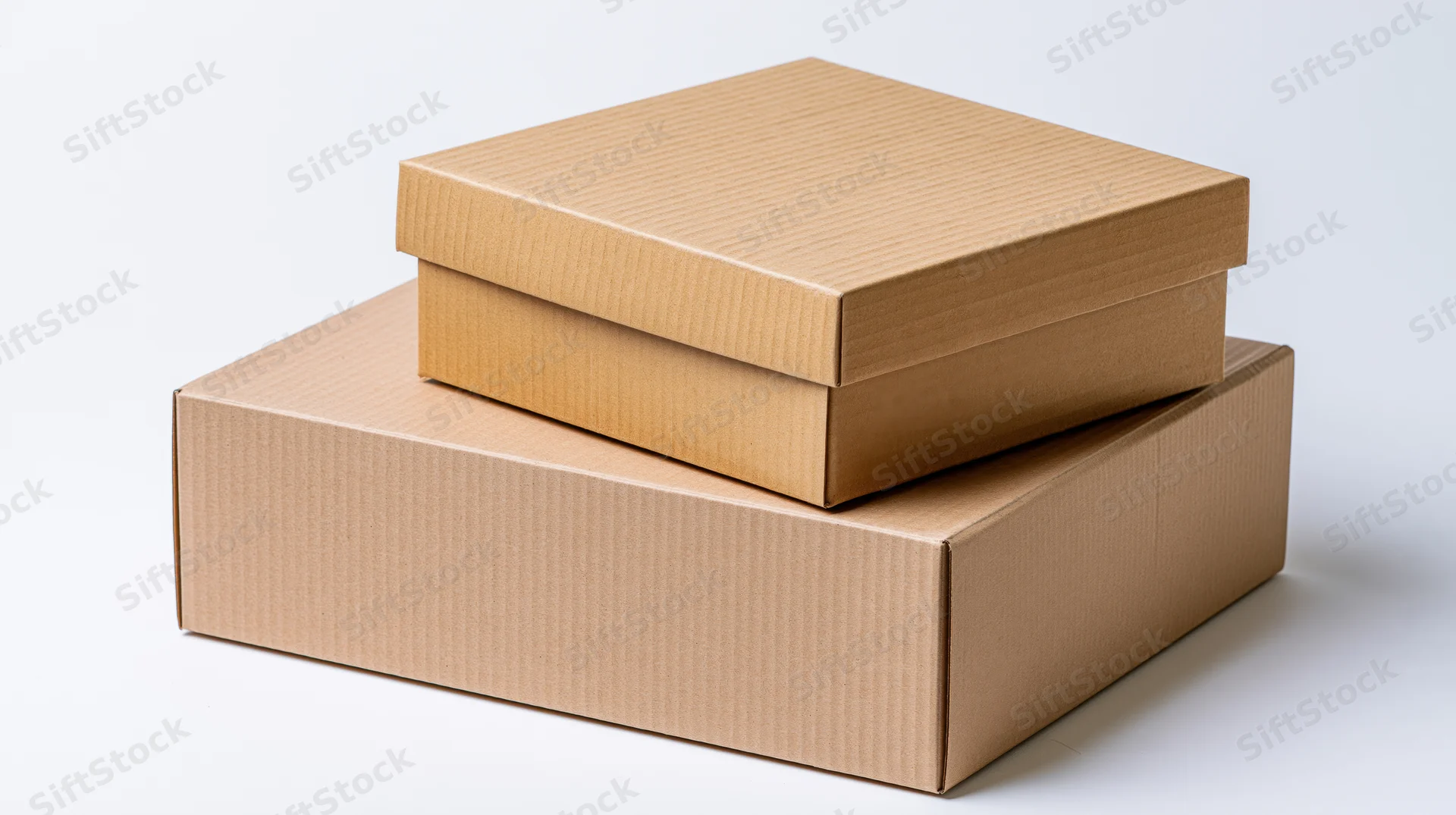 Two plain sealed corrugated cardboard boxes stacked on top of each other on a white surface
