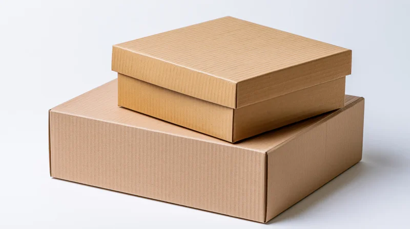 Two plain sealed corrugated cardboard boxes stacked on top of each other on a white surface