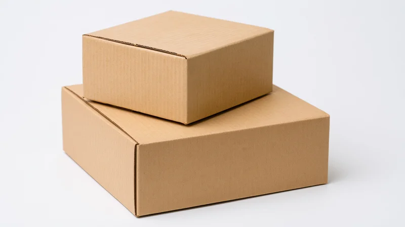 Two plain sealed corrugated cardboard boxes stacked on white background