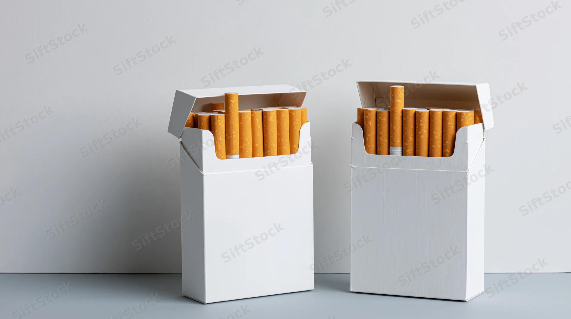 Two open white cigarette packs standing side by side on a gray surface