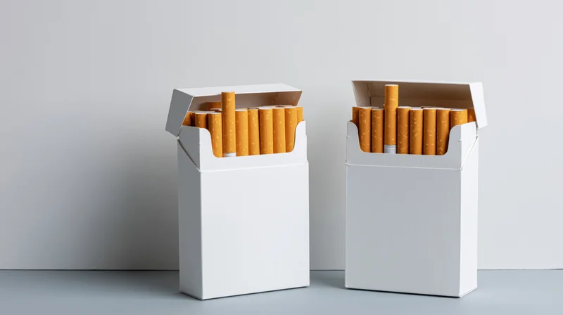 Two open white cigarette packs standing side by side on a gray surface