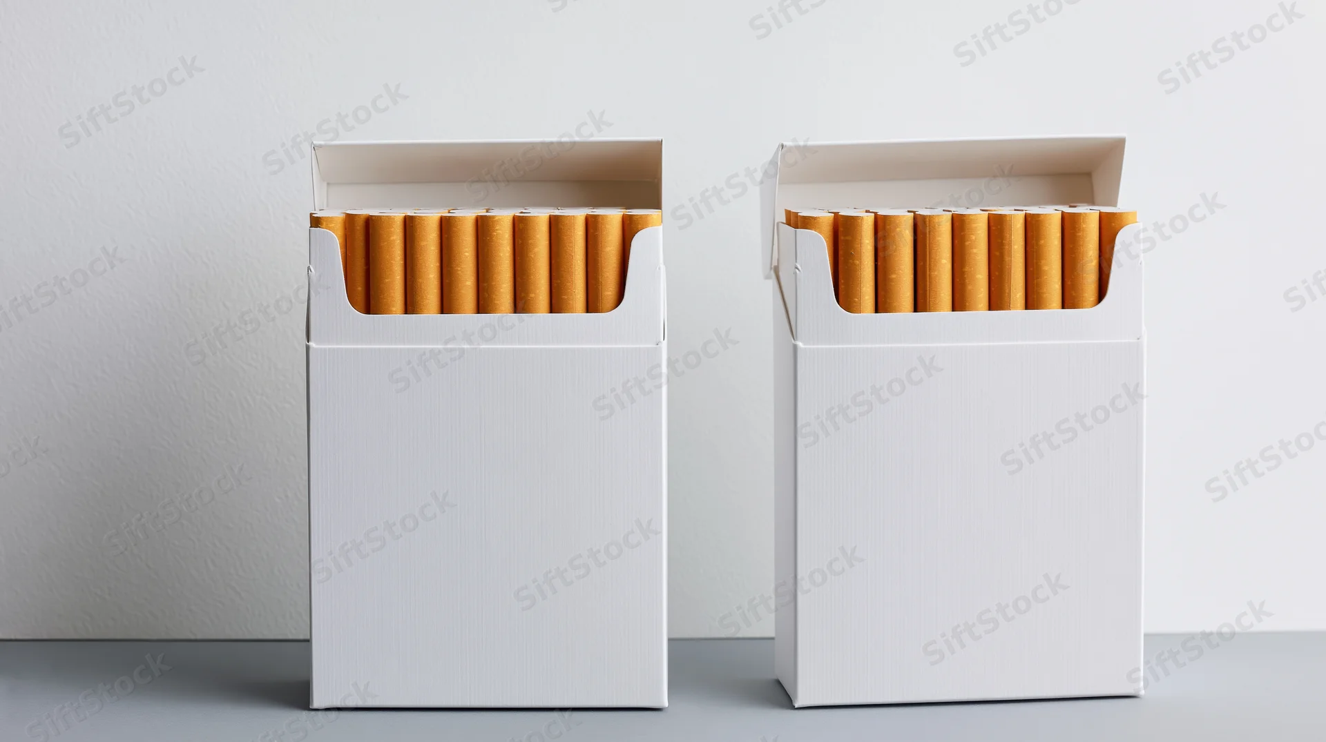 Two open white cigarette packs side by side on a plain surface