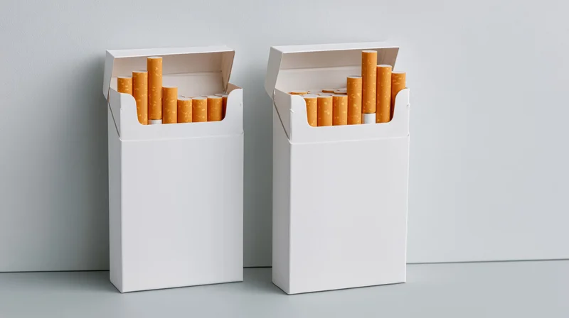 Two open white cigarette packs with orange cigarettes arranged side by side on a plain surface