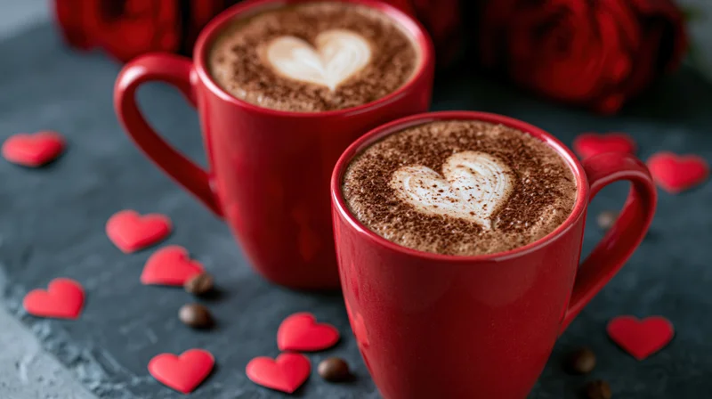 Two red ceramic mugs with latte art hearts on a slate surface surrounded by red hearts and roses