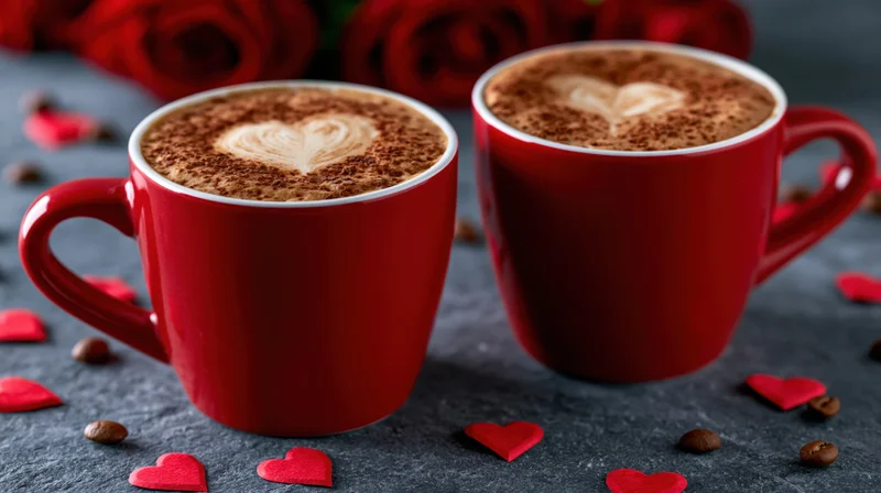 Two red ceramic mugs with latte art hearts on a dark surface surrounded by scattered red hearts and coffee beans