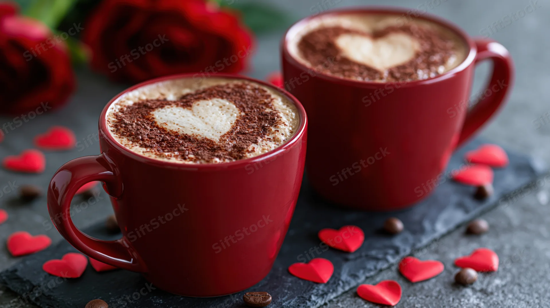 Two red ceramic mugs with latte art hearts on a slate table surrounded by red roses and paper hearts