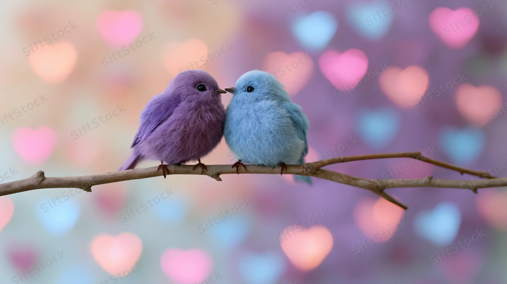 Two fluffy birds perched on a branch touching beaks with heart-shaped bokeh background