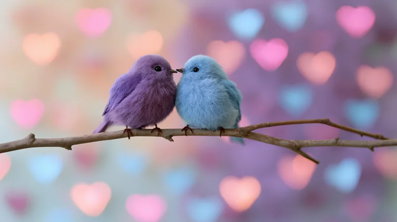 Two fluffy birds perched on a branch touching beaks with heart-shaped bokeh background
