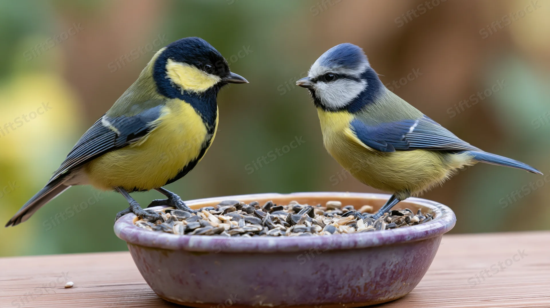 Two small garden birds a great tit and a blue tit perched on a ceramic bowl filled with seeds on a wooden table outdoors