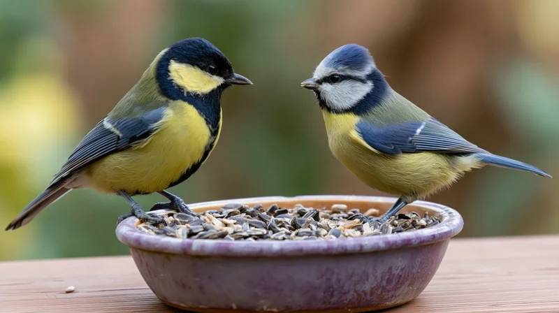 Two small garden birds a great tit and a blue tit perched on a ceramic bowl filled with seeds on a wooden table outdoors