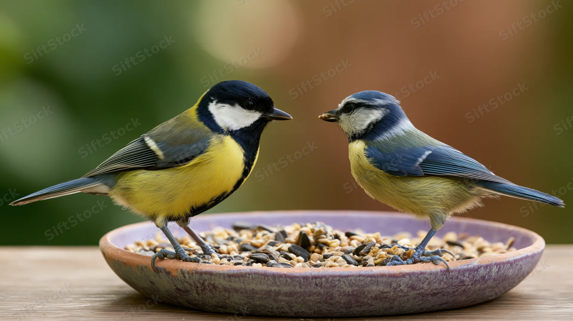 Two small garden birds a great tit and a blue tit perched on a ceramic dish filled with seeds on a wooden table outdoors
