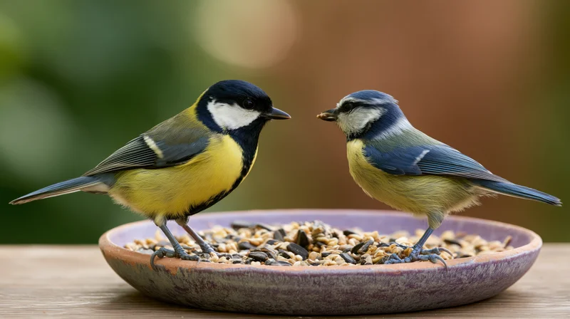 Two small garden birds a great tit and a blue tit perched on a ceramic dish filled with seeds on a wooden table outdoors