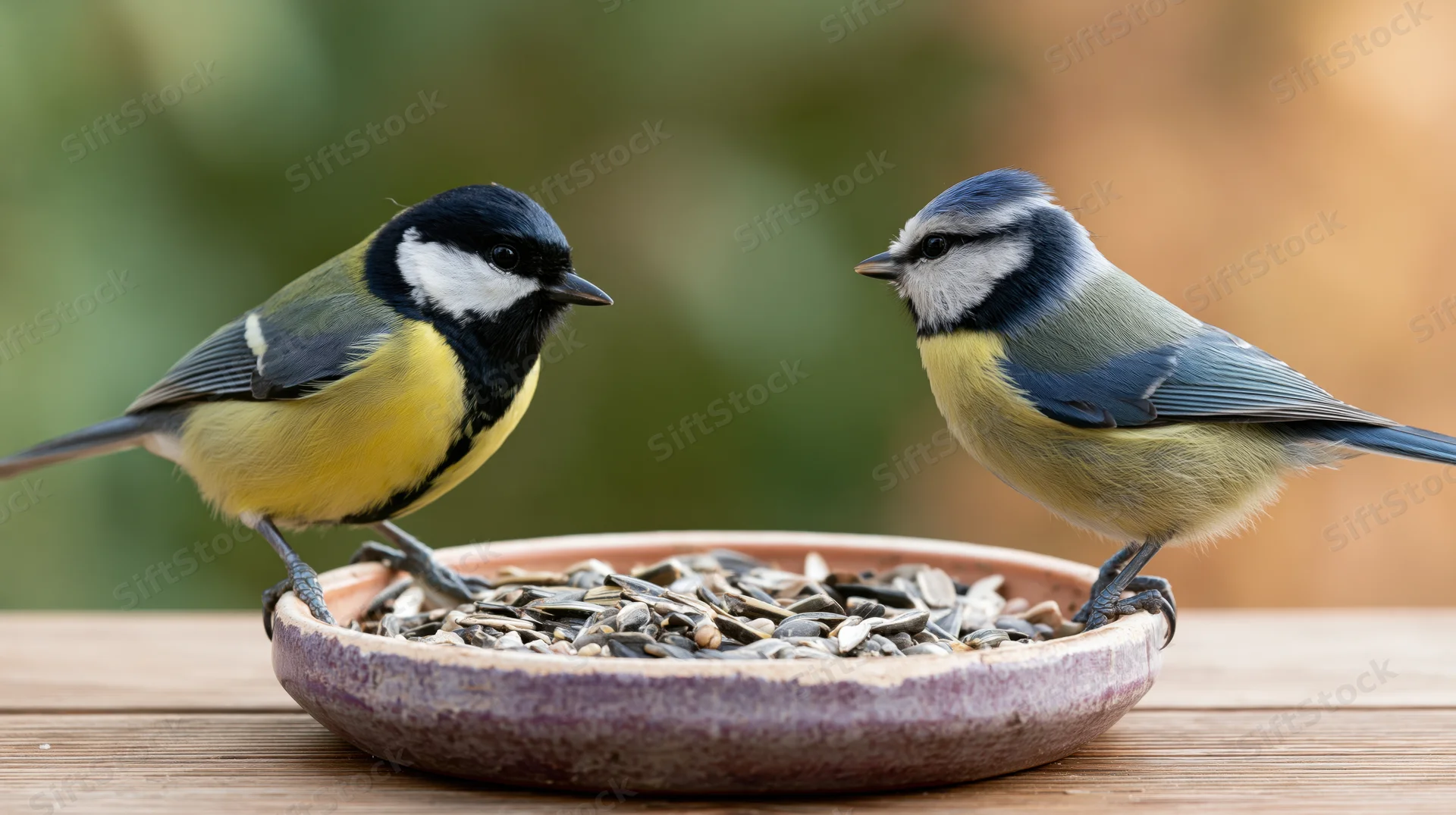 Two small garden birds perched on a ceramic dish filled with sunflower seeds on a wooden table
