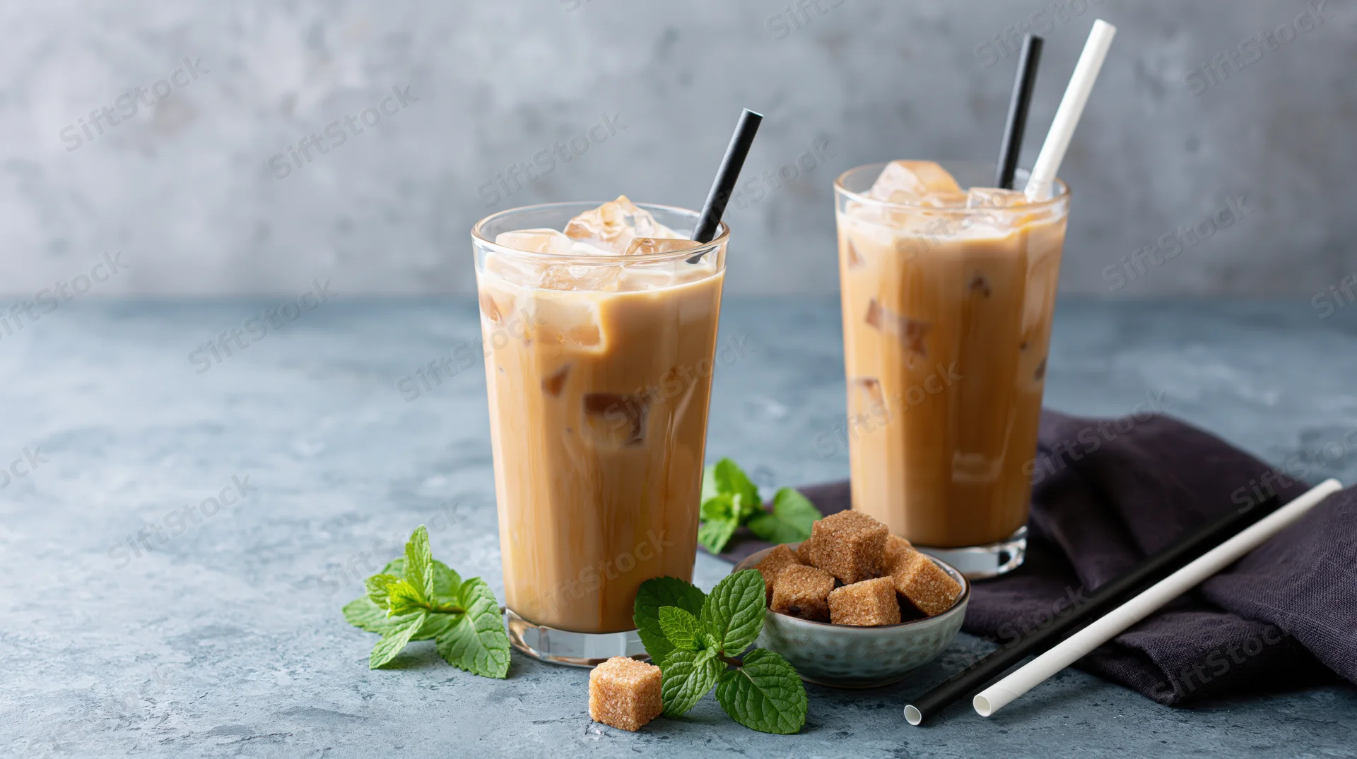 Two tall glasses of iced coffee with milk and ice on a gray countertop, garnished with mint and sugar cubes, with straws and a napkin beside them